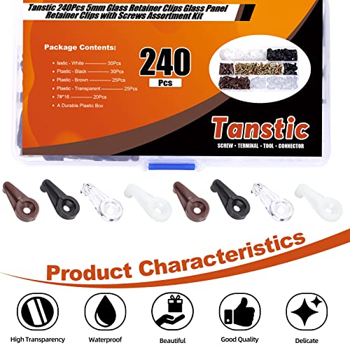 Tanstic 240Pcs Glass Retainer Clips Kit, 4 Colors 4mm Cabinet Glass Clips, Cabinet Door Retainer Clips, Plastic Mirror Clips with Screws for Fixing Glass Cabinet Doors(White/Transparent/Brown/Black) - Image 5