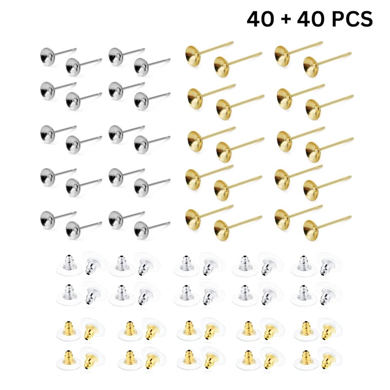ST logo Cup Pad Blank Earring Pin Studs with Silicone Earring Backs Stopper for Jewelry Making Findings DIY Art & Craft (40 + 40 Pcs Golden + Silver Combo Pack) - Image 2