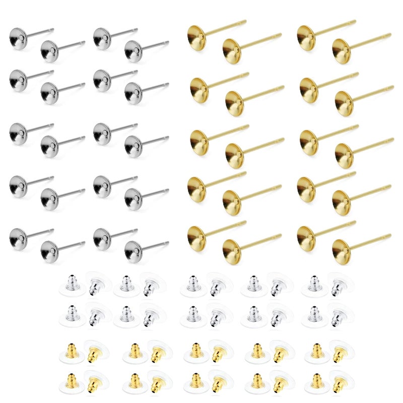 ST logo Cup Pad Blank Earring Pin Studs with Silicone Earring Backs Stopper for Jewelry Making Findings DIY Art & Craft (40 + 40 Pcs Golden + Silver Combo Pack) - Image 1