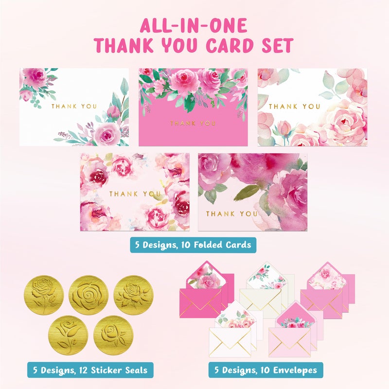 Decorably 10 Pack Gold-Foiled 5x3.75in Textured Floral Thank You Cards with Envelopes Watercolor Prints & Stickers, 5 Folded Elegant Designs for Friends, Family & Loved Ones, Blank Inside - Image 3