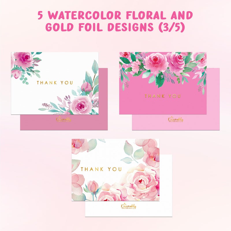Decorably 10 Pack Gold-Foiled 5x3.75in Textured Floral Thank You Cards with Envelopes Watercolor Prints & Stickers, 5 Folded Elegant Designs for Friends, Family & Loved Ones, Blank Inside - Image 4