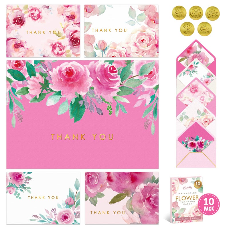 Decorably 10 Pack Gold-Foiled 5x3.75in Textured Floral Thank You Cards with Envelopes Watercolor Prints & Stickers, 5 Folded Elegant Designs for Friends, Family & Loved Ones, Blank Inside - Image 1