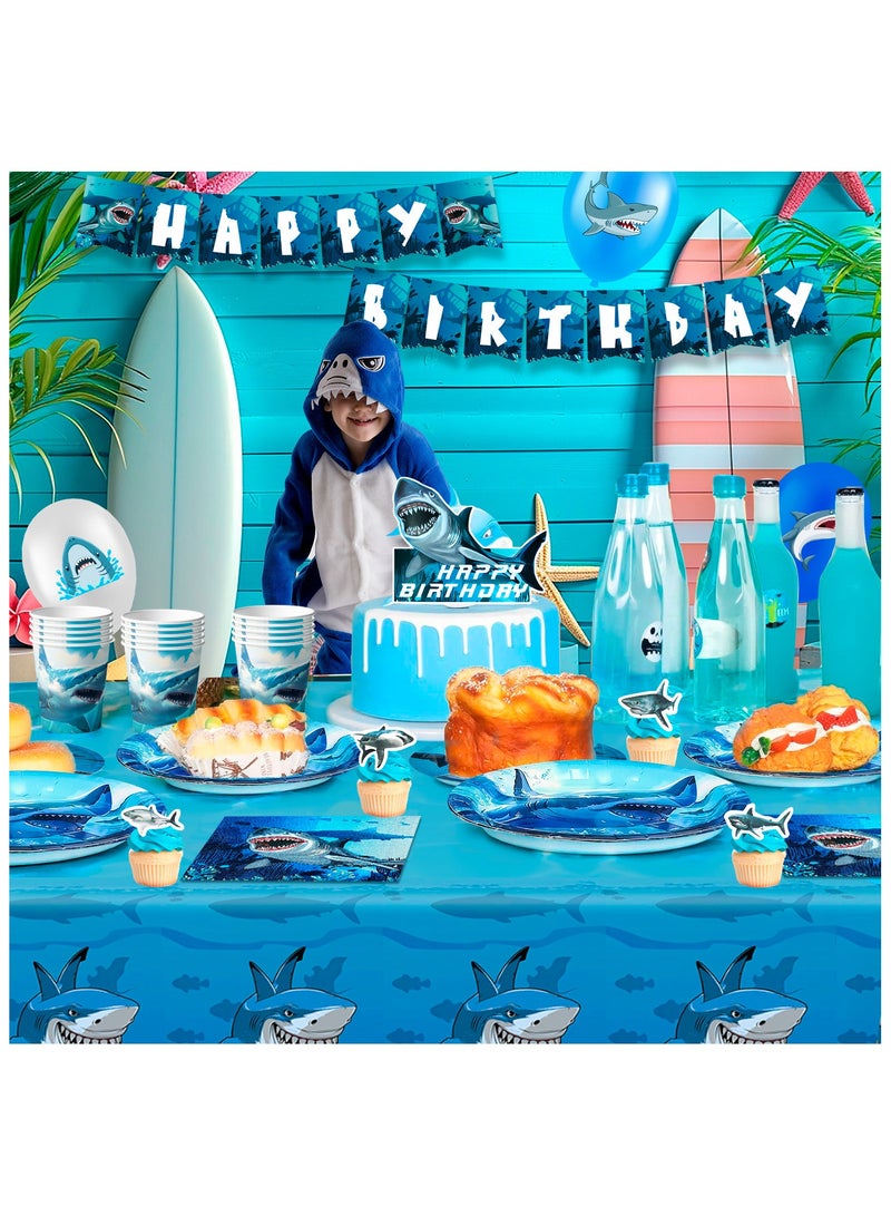 FRUITFUL PARTY Shark Birthday Party Decorations for 10 Guests, Shark Disposable Party Tableware Set Ocean Theme Plates Napkins Tablecloths Balloons Banner - Image 4