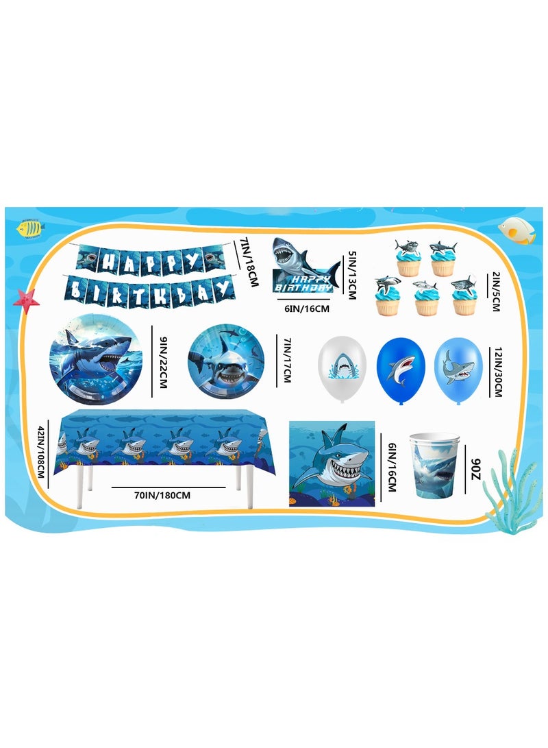 FRUITFUL PARTY Shark Birthday Party Decorations for 10 Guests, Shark Disposable Party Tableware Set Ocean Theme Plates Napkins Tablecloths Balloons Banner - Image 3