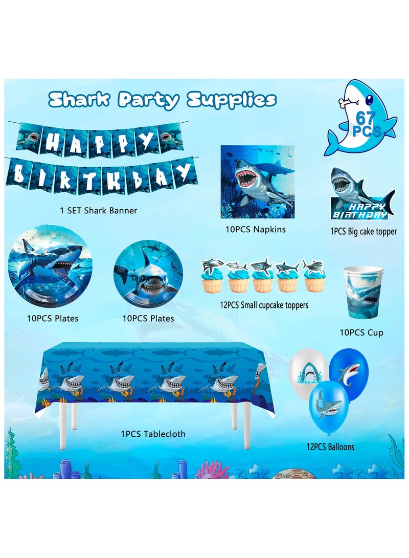 FRUITFUL PARTY Shark Birthday Party Decorations for 10 Guests, Shark Disposable Party Tableware Set Ocean Theme Plates Napkins Tablecloths Balloons Banner - Image 2
