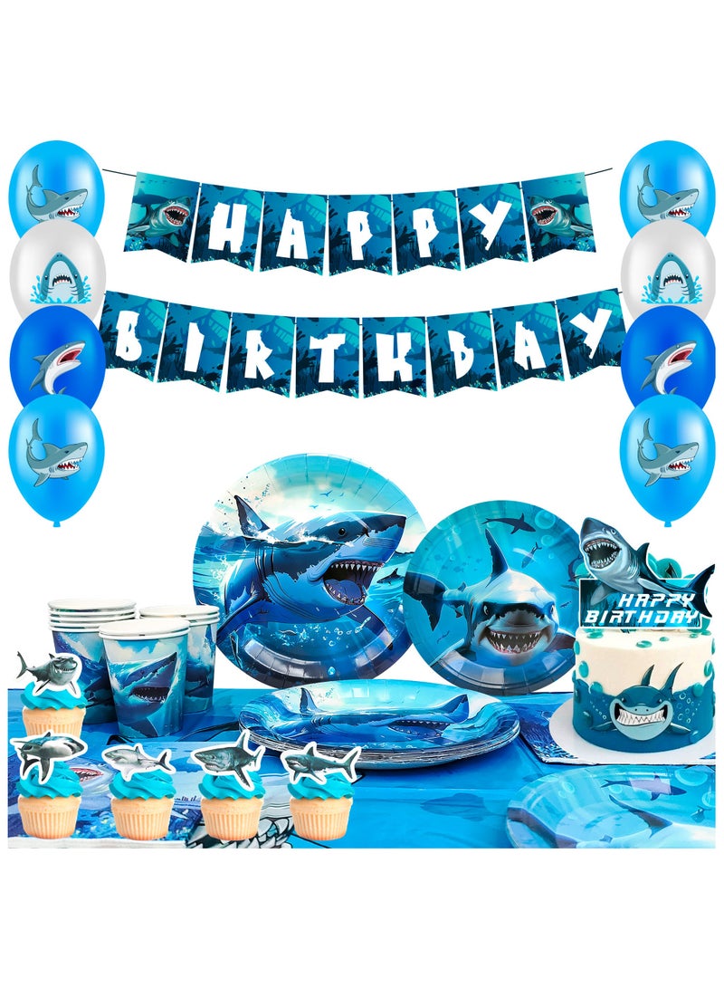 FRUITFUL PARTY Shark Birthday Party Decorations for 10 Guests, Shark Disposable Party Tableware Set Ocean Theme Plates Napkins Tablecloths Balloons Banner - Image 1