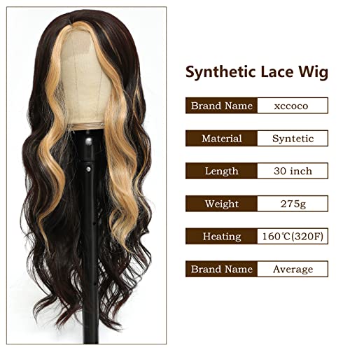 xccoco Long Wavy Wigs for Women Black Highlighted Wig Body Wave Synthetic Lace Wig 28inch Black Wig with Blonde Streaks Highlight Wig Heat Resistant Curly Wavy Side Part Wig - Image 2