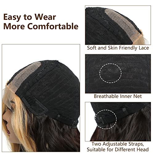 xccoco Long Wavy Wigs for Women Black Highlighted Wig Body Wave Synthetic Lace Wig 28inch Black Wig with Blonde Streaks Highlight Wig Heat Resistant Curly Wavy Side Part Wig - Image 3
