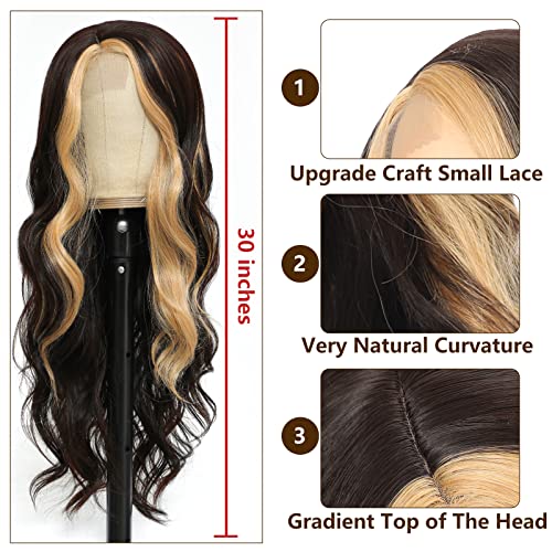 xccoco Long Wavy Wigs for Women Black Highlighted Wig Body Wave Synthetic Lace Wig 28inch Black Wig with Blonde Streaks Highlight Wig Heat Resistant Curly Wavy Side Part Wig - Image 4