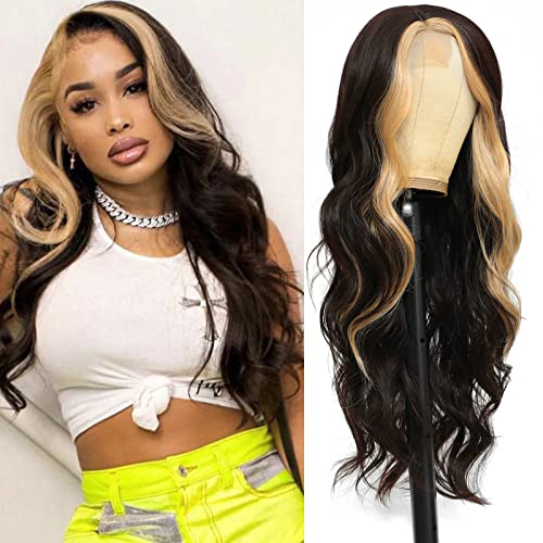 xccoco Long Wavy Wigs for Women Black Highlighted Wig Body Wave Synthetic Lace Wig 28inch Black Wig with Blonde Streaks Highlight Wig Heat Resistant Curly Wavy Side Part Wig - Image 1