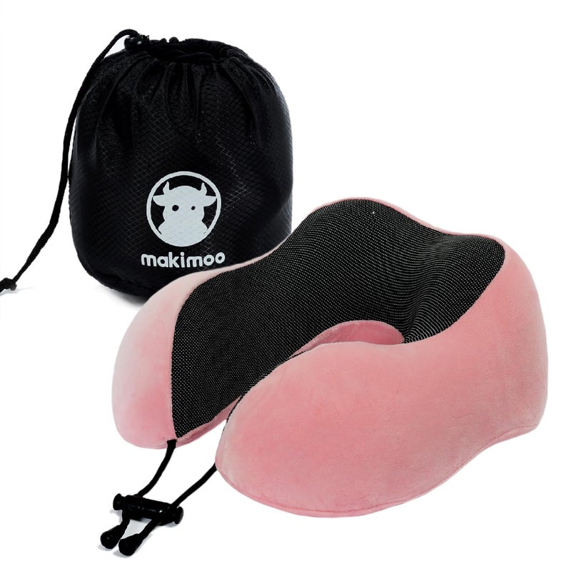 Makimoo Memory Foam Travel Pillow  Neck Pillow With 360-Degree Head Support  Comfortable And Lightweight  Ideal For Sleeping On Airplane  Car  Train  Bus And Home Use  Comes With Storage Bag (Pink) - Image 1