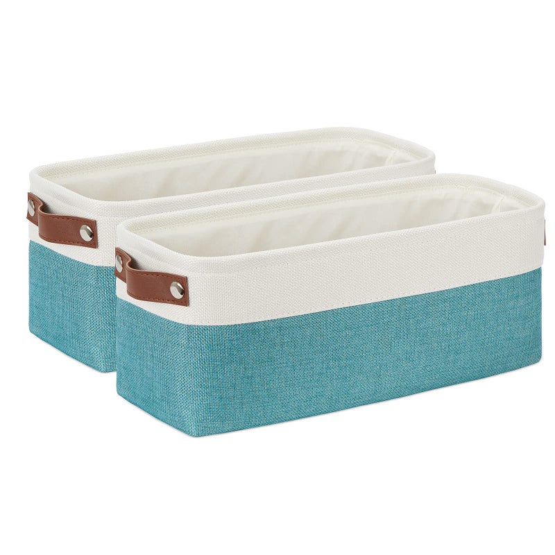 DULLEMELO Small Bathroom Closet Storage Baskets Canvas Fabric Storage Bins for Toilet 2 Pack Collapsible Home Organizer With Handles WhiteTeal