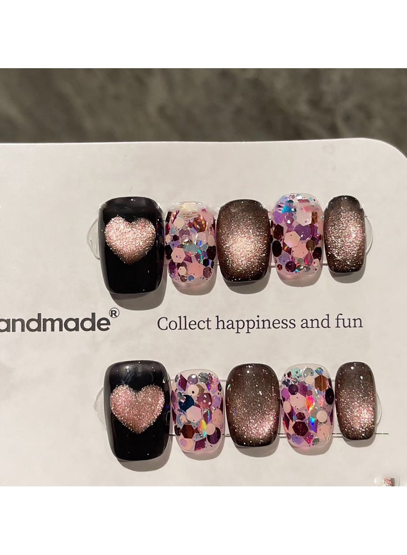 10Pcs Enchanting Handmade Press On Nails with Colorful Sequins and Heart Prints, Captivating and Cute for Women and Girls - Image 1