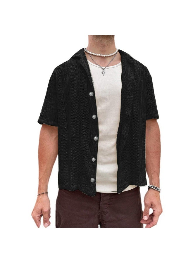 NIBEMINENT Summer Men's Hollow Out Knit Shirt Vintage Button Knitted Cardigan Short Sleeve T-shirt Men's Clothing Minimalist Style - Image 1