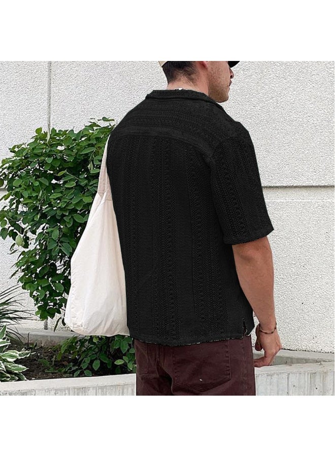 NIBEMINENT Summer Men's Hollow Out Knit Shirt Vintage Button Knitted Cardigan Short Sleeve T-shirt Men's Clothing Minimalist Style - Image 2