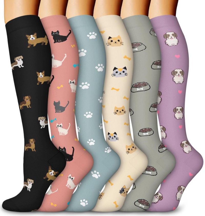 Aoliks Compression Socks for Women and Men, Knee High Support Stockings, Cute Dog and Cat Patterned Socks, Fun Animal Socks for Everyday Wear - Image 1