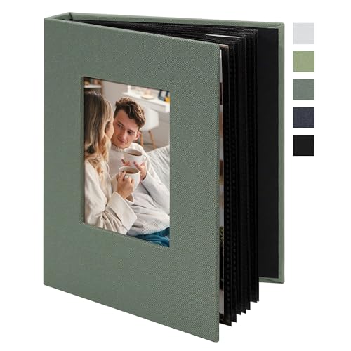 Remowith Small 4x6 Photo Album 24 Pockets Linen Cover with Front Window Portable Mini Picture Book for Travel Wedding Memories Organizer Gray Green - Image 1