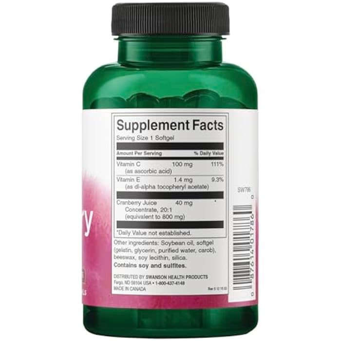 Swanson Cranberry 20:1 Juice Concentrate Urinary Tract and Kidney Health Supplement for Women and Adults Seeking Bladder Support with Vitamins C & E (180 Softgels, 2 Pack) - Image 3