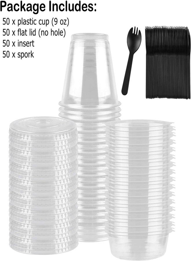 TOFLEN 9 oz Clear Plastic Yogurt Parfait Cups with Lids Disposable To Go Cereal Cups for Breakfast Snack Fruit, Veggies and Dips (50 Cups+Inserts+Sporks+Flat Lids) - Image 3