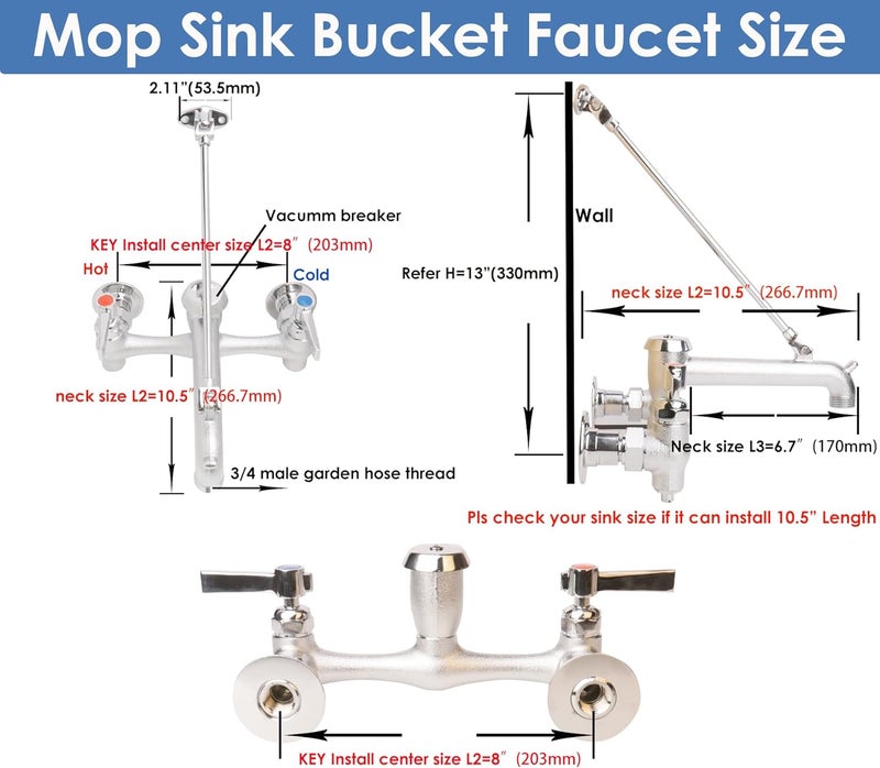 WHK صنبور حوض ممسحة تجاري مع فاصل فراغ صنبور مثبت على الحائط 8" مركز قابل للتعديل، خطاف دلو للاستخدام مع الماء الساخن والبارد في الأماكن الداخلية/الخارجية، حديقة (نحاس، كروم خشن) - Image 2