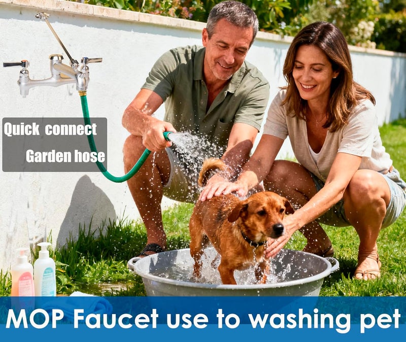 WHK صنبور حوض ممسحة تجاري مع فاصل فراغ صنبور مثبت على الحائط 8" مركز قابل للتعديل، خطاف دلو للاستخدام مع الماء الساخن والبارد في الأماكن الداخلية/الخارجية، حديقة (نحاس، كروم خشن) - Image 5