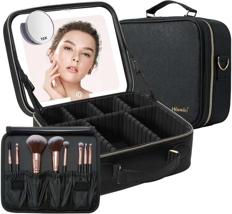 Mocado Travel Makeup Bag with LED Lighted Mirror,Travel Makeup Organizer,Makeup Case with 8 Makeup Brushes and 10x Magnifying Mirror,3 Colors Lighting, Adjustable Dividers Makeup Box(Black) - Image 1
