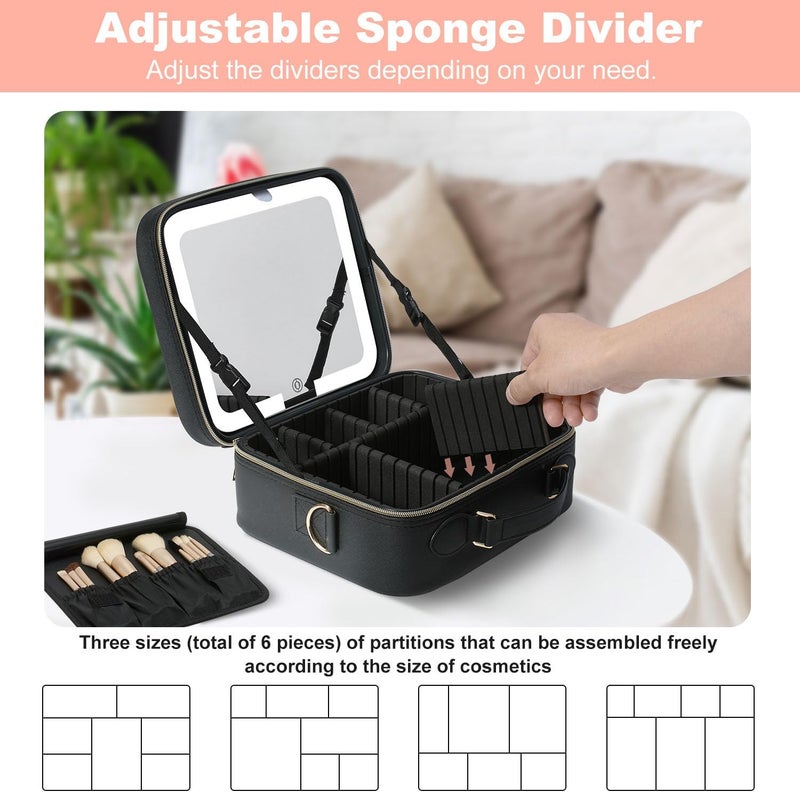 Mocado Travel Makeup Bag with LED Lighted Mirror,Travel Makeup Organizer,Makeup Case with 8 Makeup Brushes and 10x Magnifying Mirror,3 Colors Lighting, Adjustable Dividers Makeup Box(Black) - Image 3