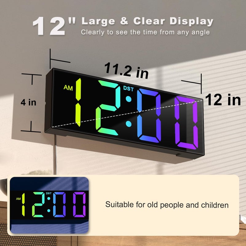 Jall ساعة حائط رقمية كبيرة 12 بوصة، عرض أرقام LED كبيرة، ألوان RGB، ضوء ليلي للفصل الدراسي وغرفة المعيشة وغرفة النوم، هدية عيد ميلاد أو عيد الميلاد لكبار السن، الرجال والنساء (أسود، 12 بوصة) - Image 2