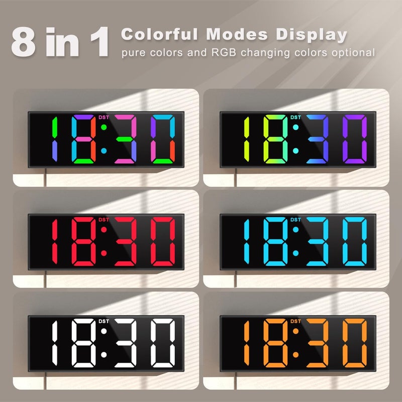 Jall ساعة حائط رقمية كبيرة 12 بوصة، عرض أرقام LED كبيرة، ألوان RGB، ضوء ليلي للفصل الدراسي وغرفة المعيشة وغرفة النوم، هدية عيد ميلاد أو عيد الميلاد لكبار السن، الرجال والنساء (أسود، 12 بوصة) - Image 3