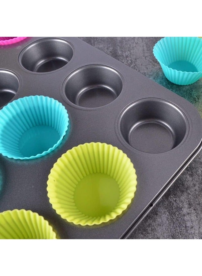 Divided tray for 12 cupcakes with 12 multi-colored reusable silicone molds  - Image 3