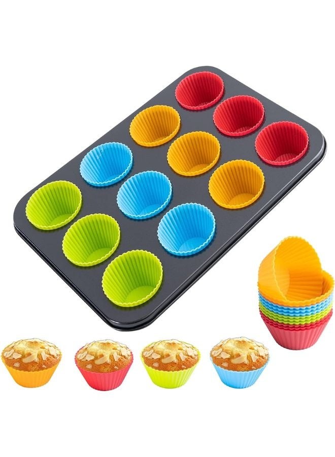 Divided tray for 12 cupcakes with 12 multi-colored reusable silicone molds  - Image 1