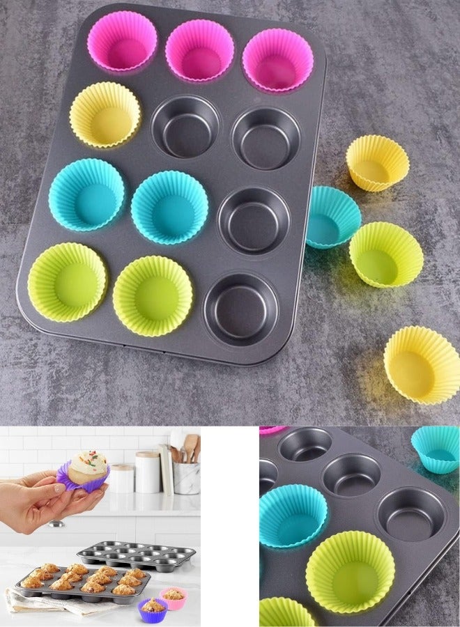 Divided tray for 12 cupcakes with 12 multi-colored reusable silicone molds  - Image 2