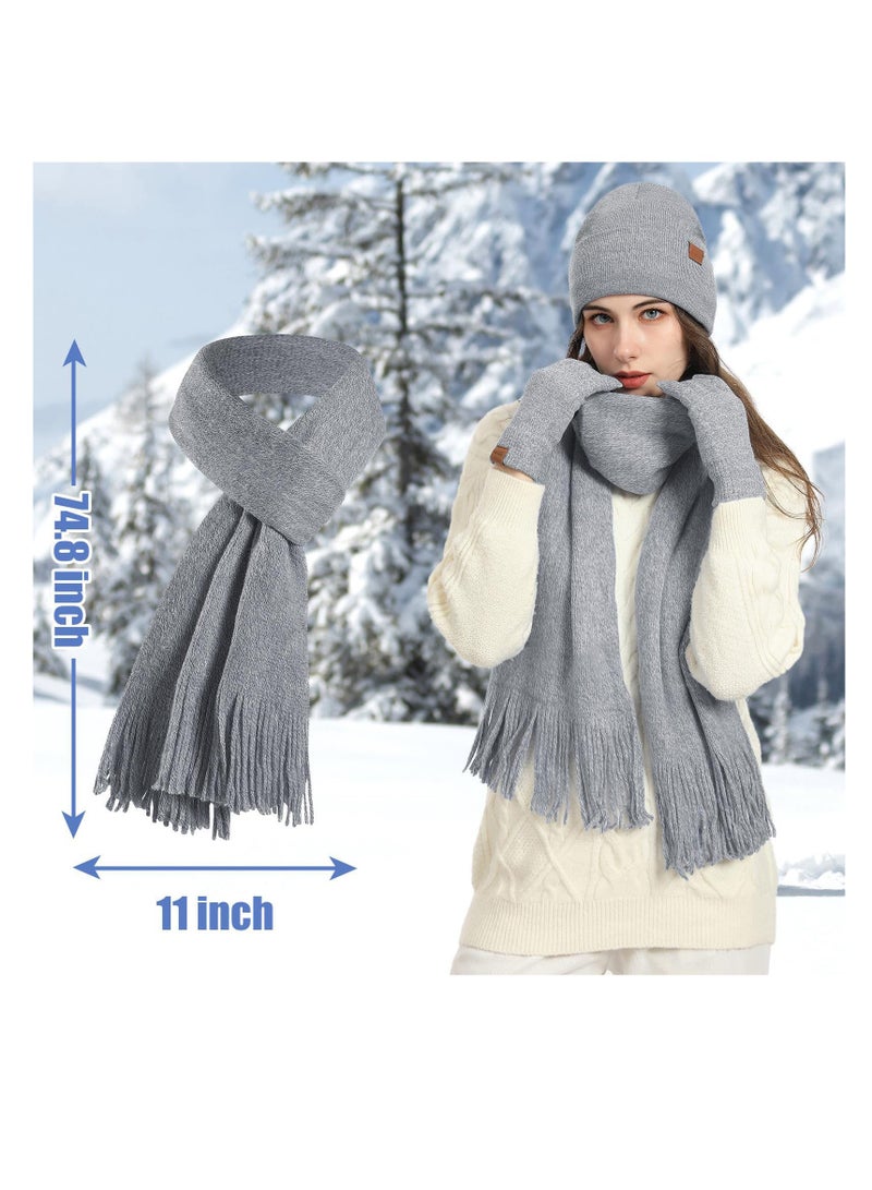 SOLARAE Womens Beanie Hat Scarf Gloves Set, Winter Warm Touchscreen Gloves Fleece Lined Hat Long Knit Scarf for Women Men, 5PCS Womens Winter Scarf Set For Skiing Outdoor Sports, Grey - Image 2
