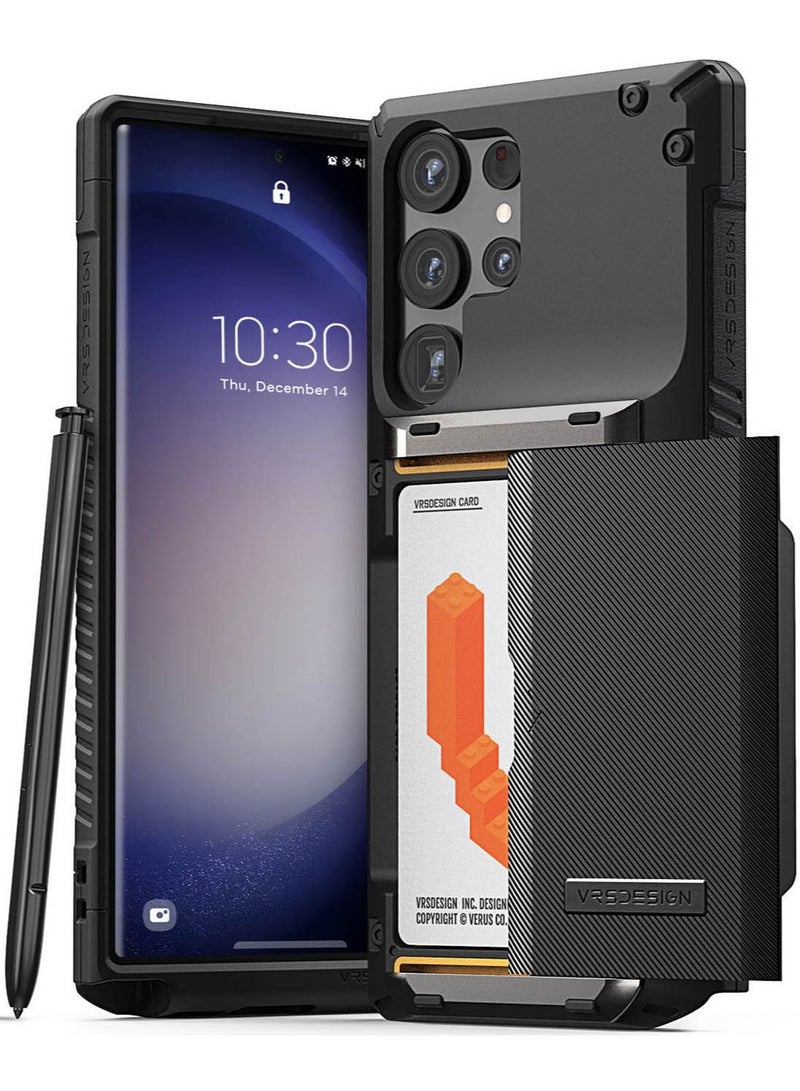 VRS Design Damda Glide Pro Samsung Galaxy S23 ULTRA Case Cover Wallet with Semi Automatic Credit Card Holder Slot [3-4 Cards] - Black Groove - Image 1