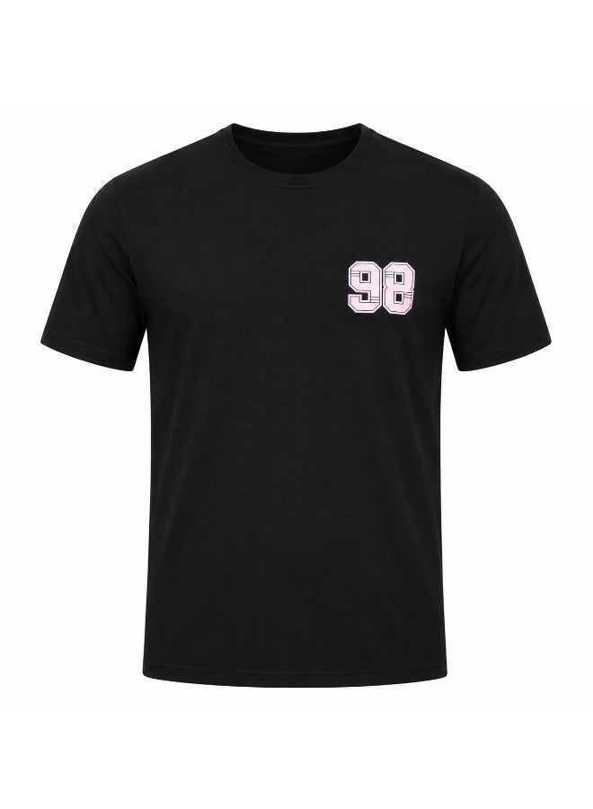 تي شيرت رجالي أسود بياقة دائرية مع طباعة رقم "98" وردي بنمط فارستي - Image 2