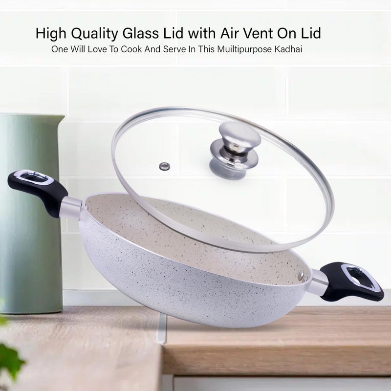 Home Pro مقلاة جرانيت غير لاصقة مع غطاء زجاجي، 24 سم، قاعدة تحريض، أبيض فاتح - Image 4