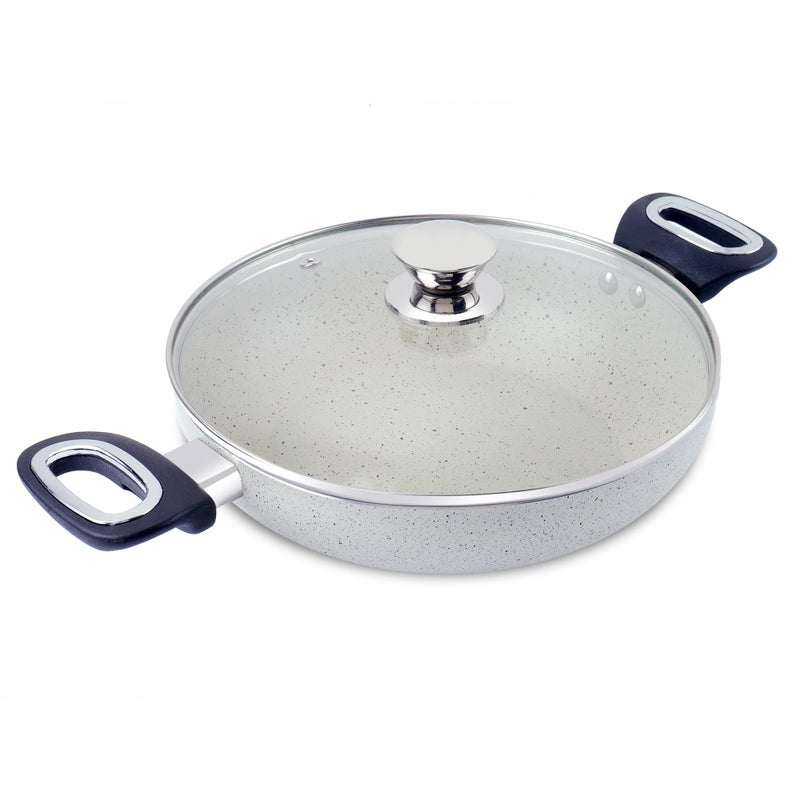 Home Pro مقلاة جرانيت غير لاصقة مع غطاء زجاجي، 24 سم، قاعدة تحريض، أبيض فاتح - Image 1