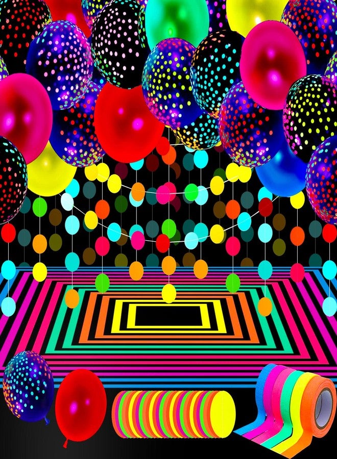 Skylety Glow in the Dark Party Supplies Glow Neon Party Supply Set, 98.4 ft 6 Rolls Blacklight Luminous Tape 14.4 ft Neon Streamer Garland 25 Pcs Fluorescent Halloween Balloon Decor (Classic Dot) - Image 1