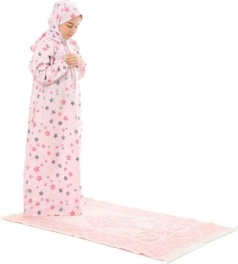 Elanesa  Practical Zippered Cotton Girl's Prayer Dress 3 Piece Set Pink Printed