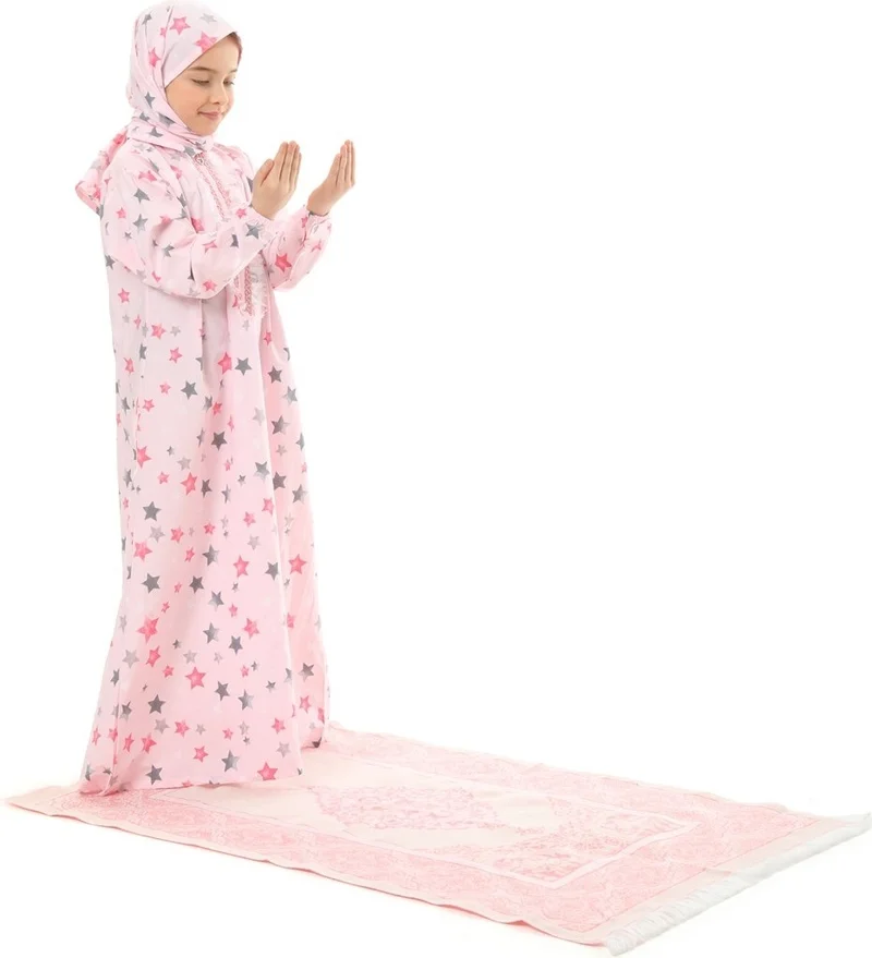Elanesa  Practical Zippered Cotton Girl's Prayer Dress 3 Piece Set Pink Printed