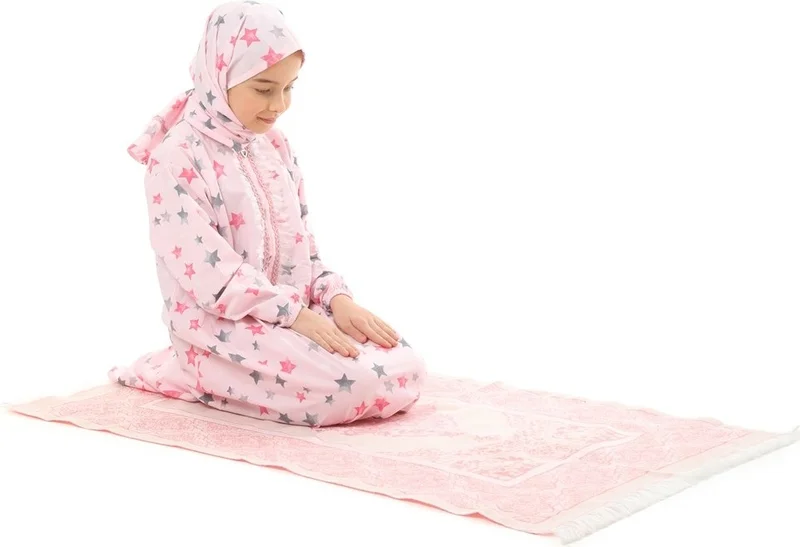 Elanesa  Practical Zippered Cotton Girl's Prayer Dress 3 Piece Set Pink Printed