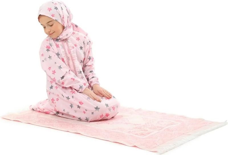 Elanesa  Practical Zippered Cotton Girl's Prayer Dress 3 Piece Set Pink Printed