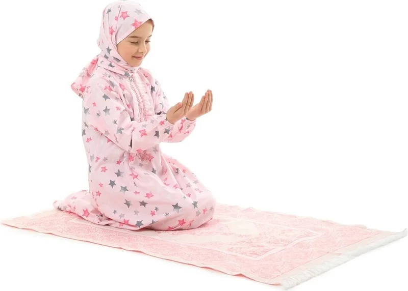 Elanesa  Practical Zippered Cotton Girl's Prayer Dress 3 Piece Set Pink Printed