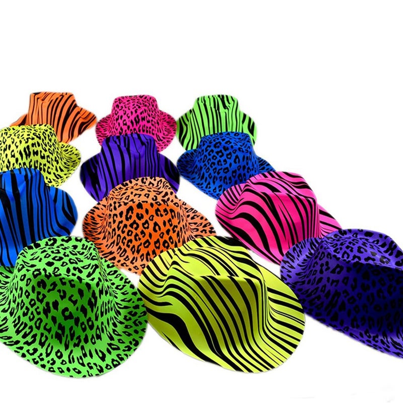 Novelty Place Neon Animal Print Plastic Party Hats, Fedora with Gangster Mafia Style, UV Blacklight Glow Party Stars Rave Hats for Kids and Teens in Birthday, Concerts, Music Party(Pack of 12) - Image 1