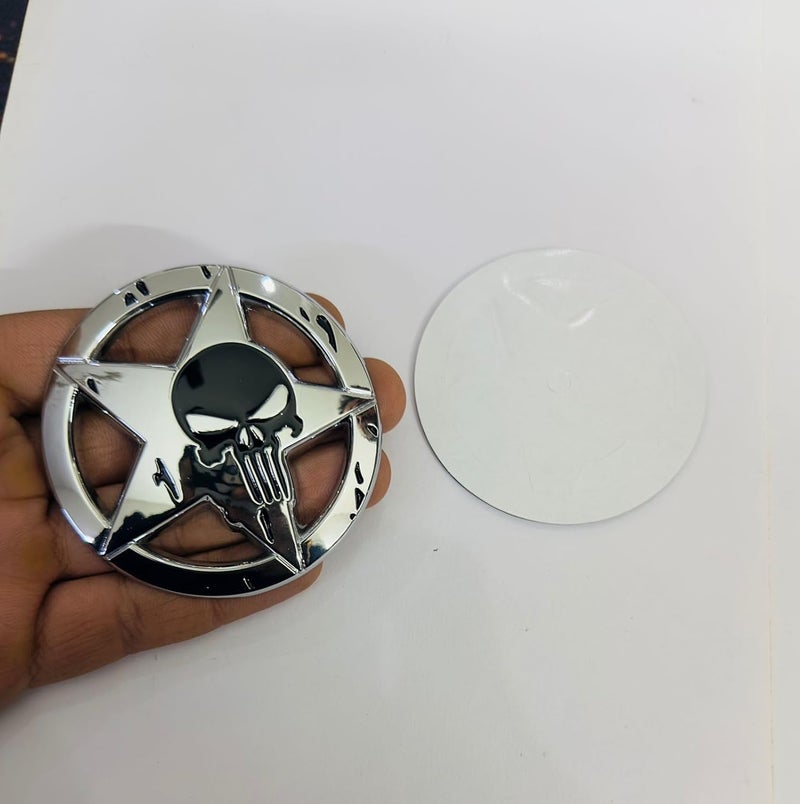 AUTO MT شعار سيارة دراجة لابتوب معدني وشعار سيارة وشبكة معدنية لشارة 3D سباق السيارات ملصق رياضي عالمي ملصق جولة كبيرة. (نجمة دائرية جمجمة، كروم-أسود معاقب) - Image 1