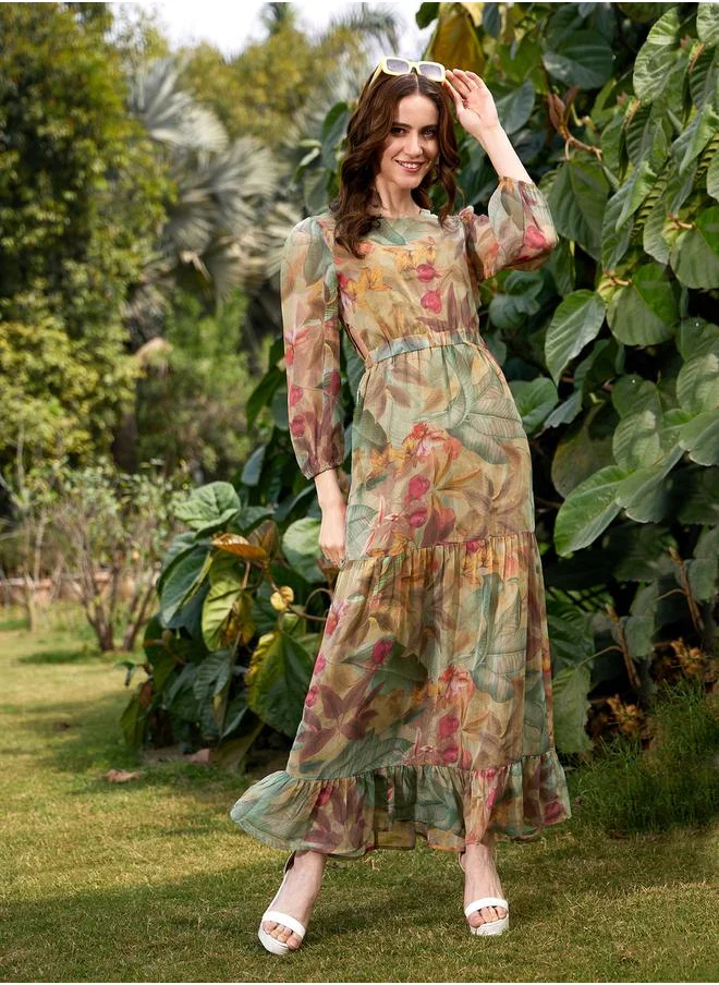 SASSAFRAS Tropical Print Cut Out Waist Maxi Dress by Styli