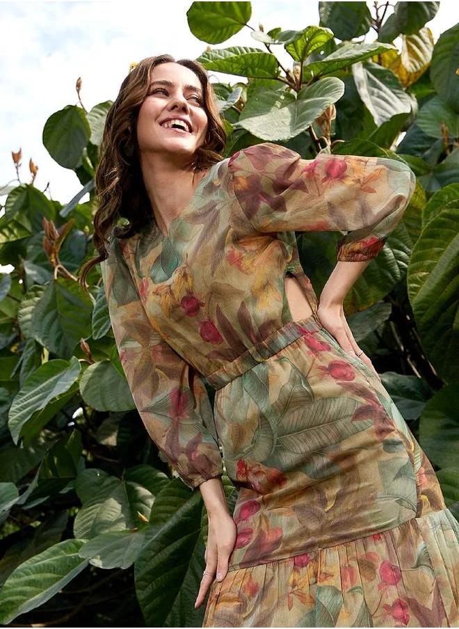 SASSAFRAS Tropical Print Cut Out Waist Maxi Dress by Styli