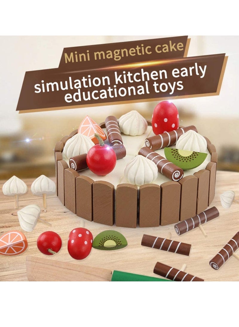 SYOSI Wooden Birthday Cake Toy   Kids Magnetic Dessert Toy with Cutting Knife, Fruit Toppings, Chocolate and Vanilla Swirls Fun Kitchen Pretend Play Food Party, Cooking Cutter Set, Educational Gift - Image 1