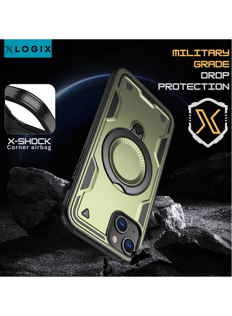 XLogiX for iPhone 15 Armoured Case with Built-in Kickstand | Heavy-Duty Protection | Shockproof | Slim Design | Compatible with MagSafe Accessories, ArmourX Series for iPhone 15 - GREEN - Image 2