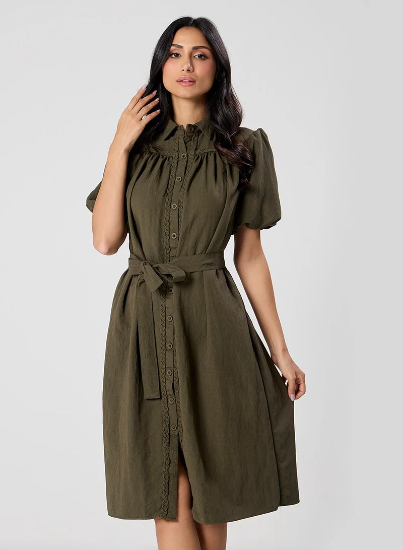 Zigzag Trim Detailed Buckle Attached Green Dress